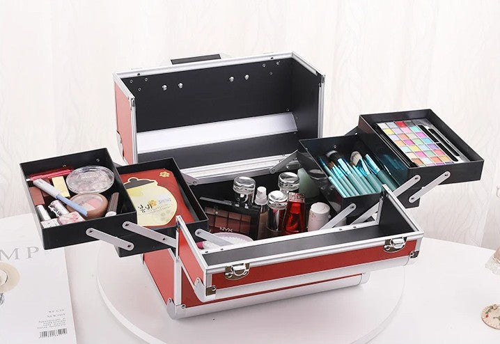 Adjustable Makeup Case with Sliding Trays - Red