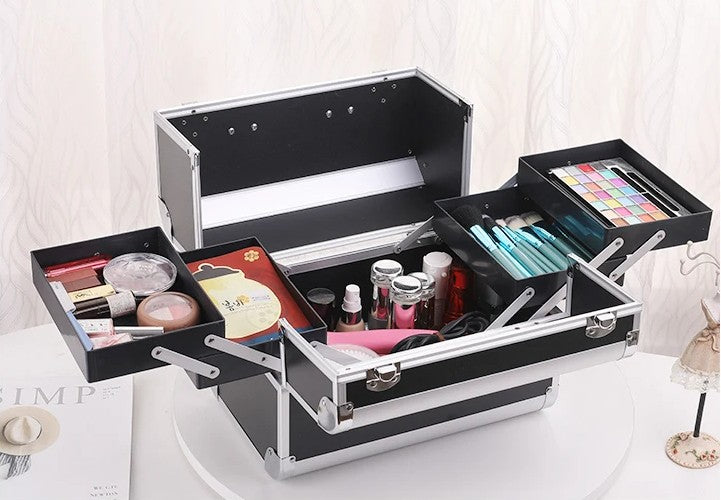 Adjustable Makeup Case with Sliding Trays - Black