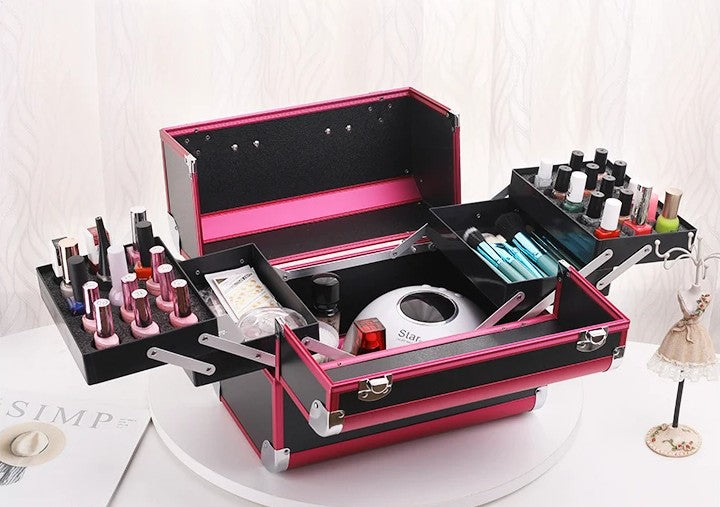 Adjustable Makeup Case with Sliding Trays - Pink & Black