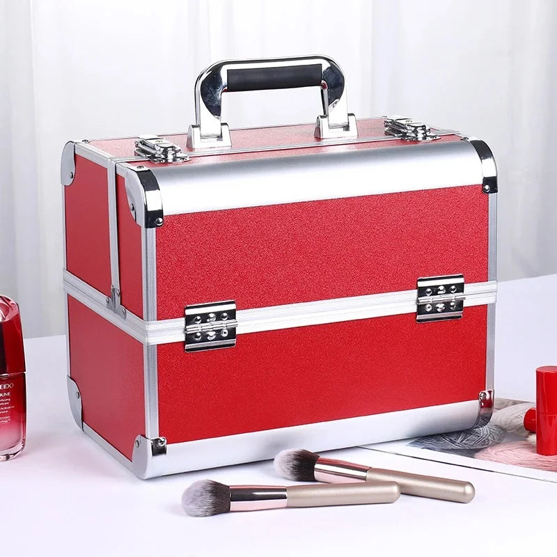 Adjustable Makeup Case with Sliding Trays - Red