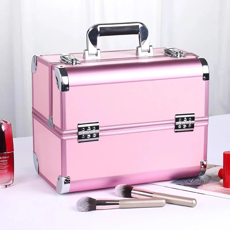 Adjustable Makeup Case with Sliding Trays - Pink