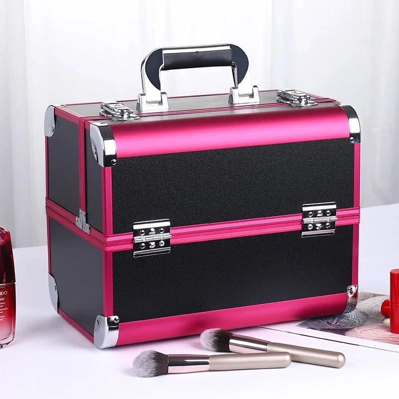 Adjustable Makeup Case with Sliding Trays - Pink & Black