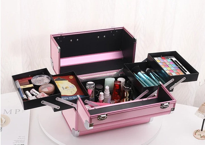 Adjustable Makeup Case with Sliding Trays - Pink
